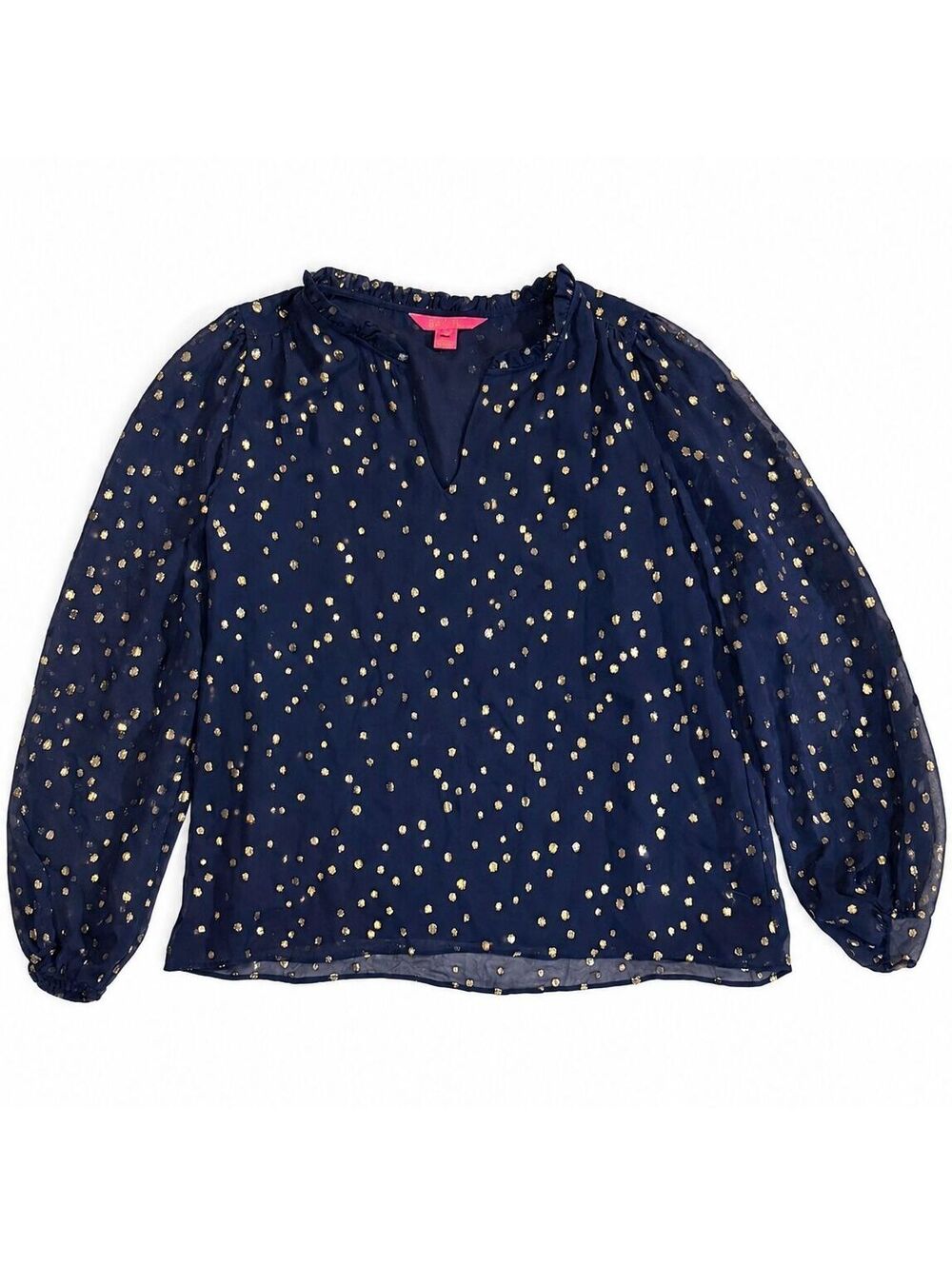 Lilly Pulitzer Navy Gold Metallic Polka Dot Sheer Blouse Top Size M